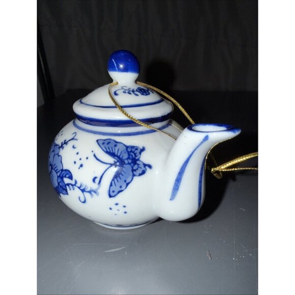 Vintage Miniature Mini Teapot Ornament Blue White Porcelain Floral Butterfly 3" - Picture 9 of 14